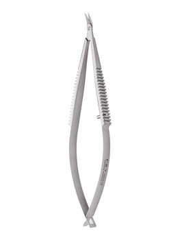 Spring scissors - angled, 9.5 cm, 2 mm cutting edge